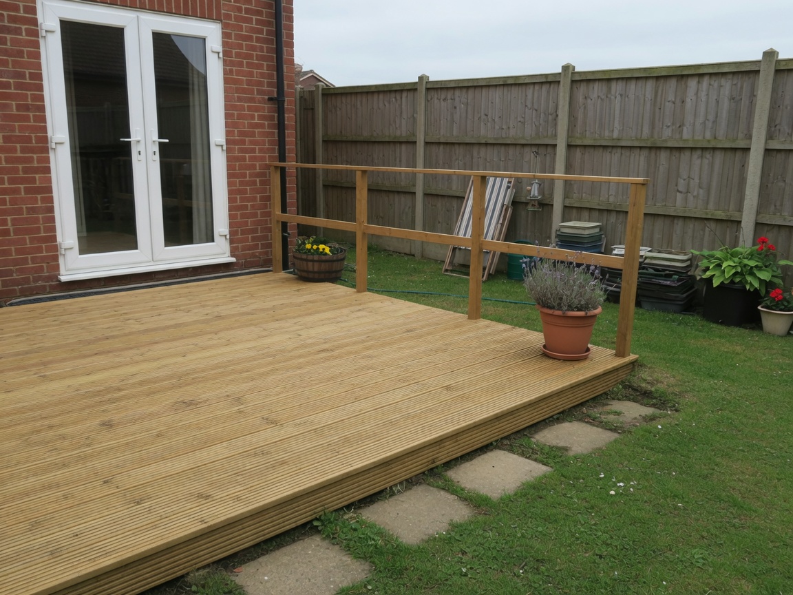 New timber deck with a handrail in a British back garden