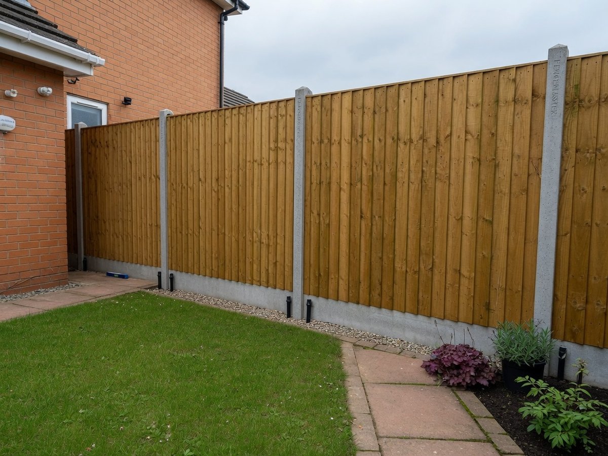 Timber fence panels with concrete posts along a garden lawn
