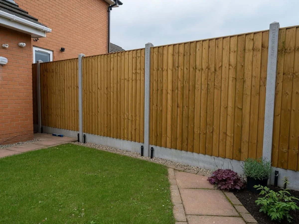 Timber fence panels with concrete posts along a lawn